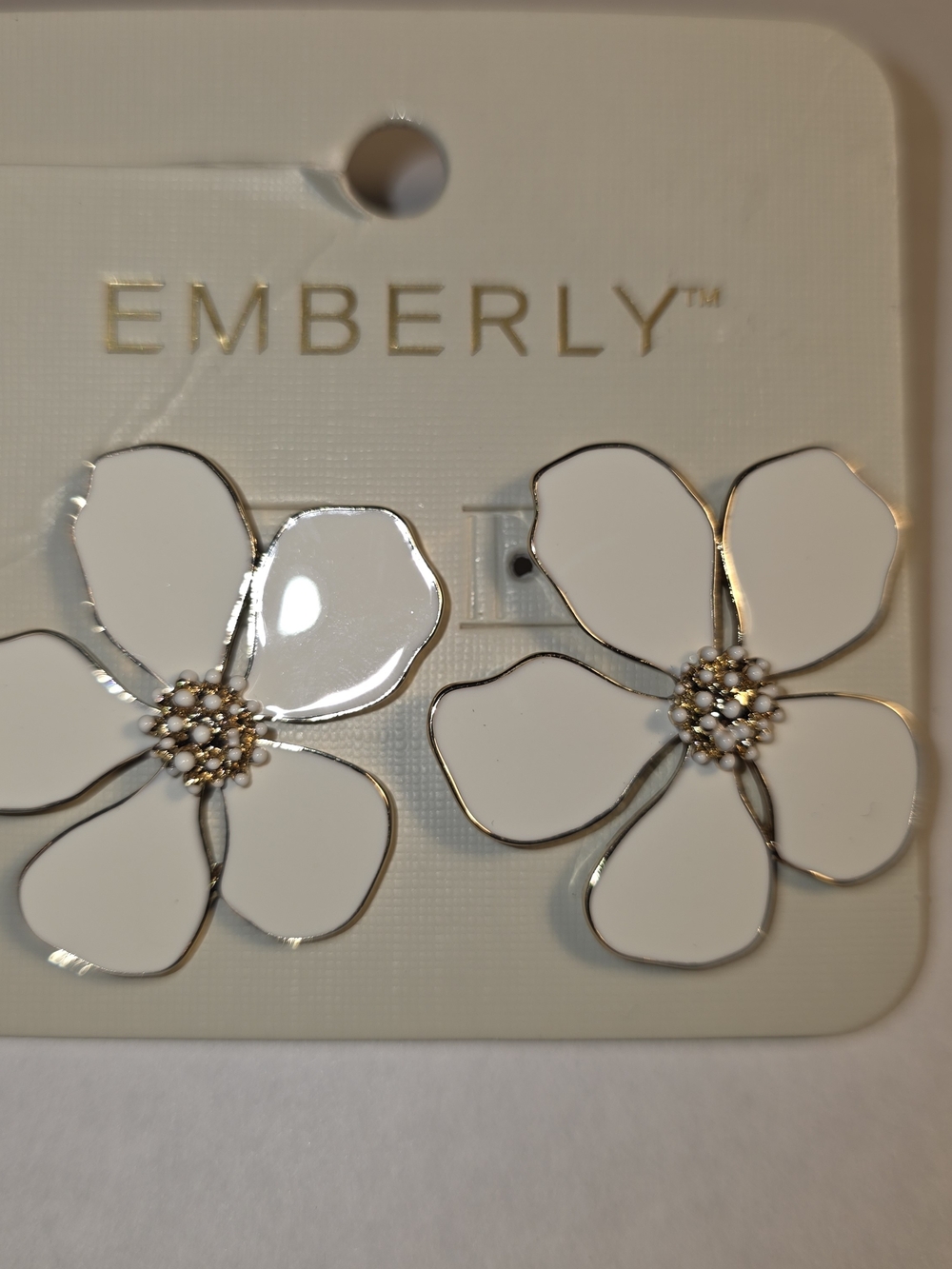 White Floral Statement Earrings -Gold Trim. Emberly White Enamel Flower Earrings